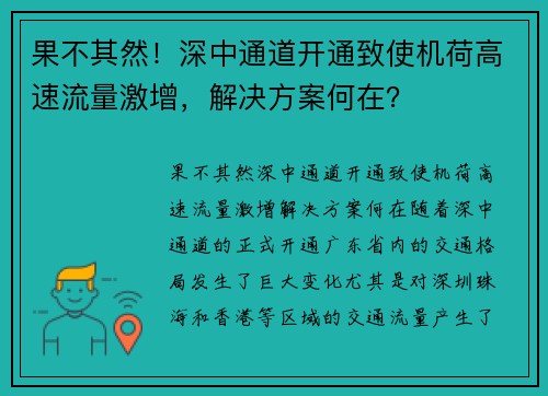 果不其然！深中通道开通致使机荷高速流量激增，解决方案何在？