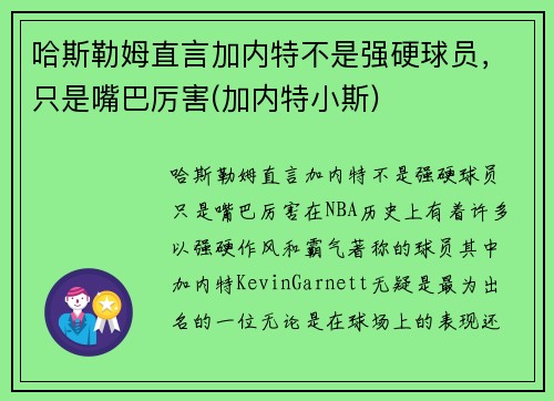 哈斯勒姆直言加内特不是强硬球员，只是嘴巴厉害(加内特小斯)